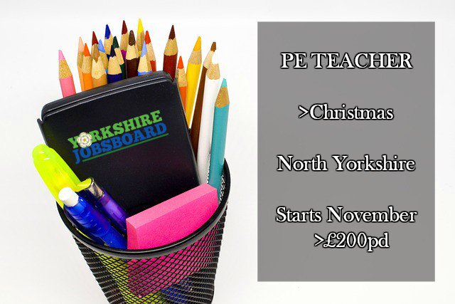 #Yorkshire Jobs #Education 
PE TEACHER - NORTH YORKSHIRE - NOVEMBER START
> zurl.co/783l9 … …