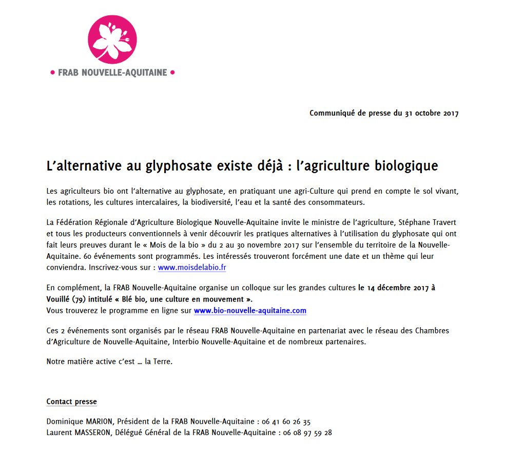 L'alternative au #glyphosate existe déjà : l'agriculture #bio !
Communiqué de presse de la FRAB Nouvelle-Aquitaine us5.campaign-archive.com/?e=&u=ecfc6ec3…