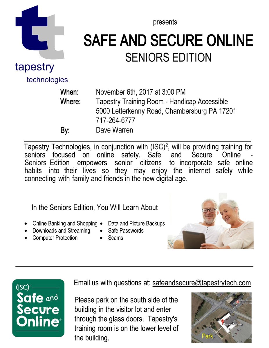 tapestrytech's tweet photo. Reminder that our FREE Senior Edition Safe and Secure Online session will  be held this Monday, November 6th! https://t.co/zYXtv9I3qf