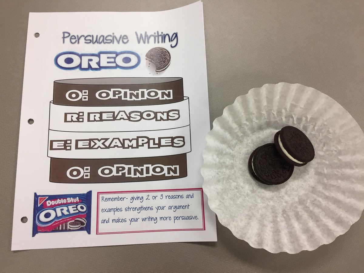 MJTeaches5th's tweet photo. Persuasive writing intro...OREOS are really helping us with writer’s block!! #BHMSD https://t.co/UB6LuyL461