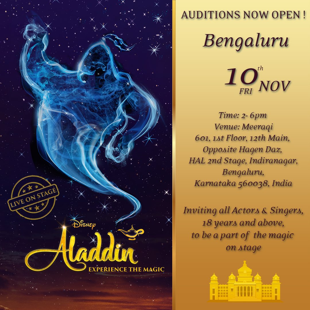 DisneyInLiveEnt's tweet image. Calling all actors &amp;amp; singers aged 18+ for the #Aladdin Bengaluru auditions. Contact 8779299926 or castingaladdin@tessjoseph.com for queries.