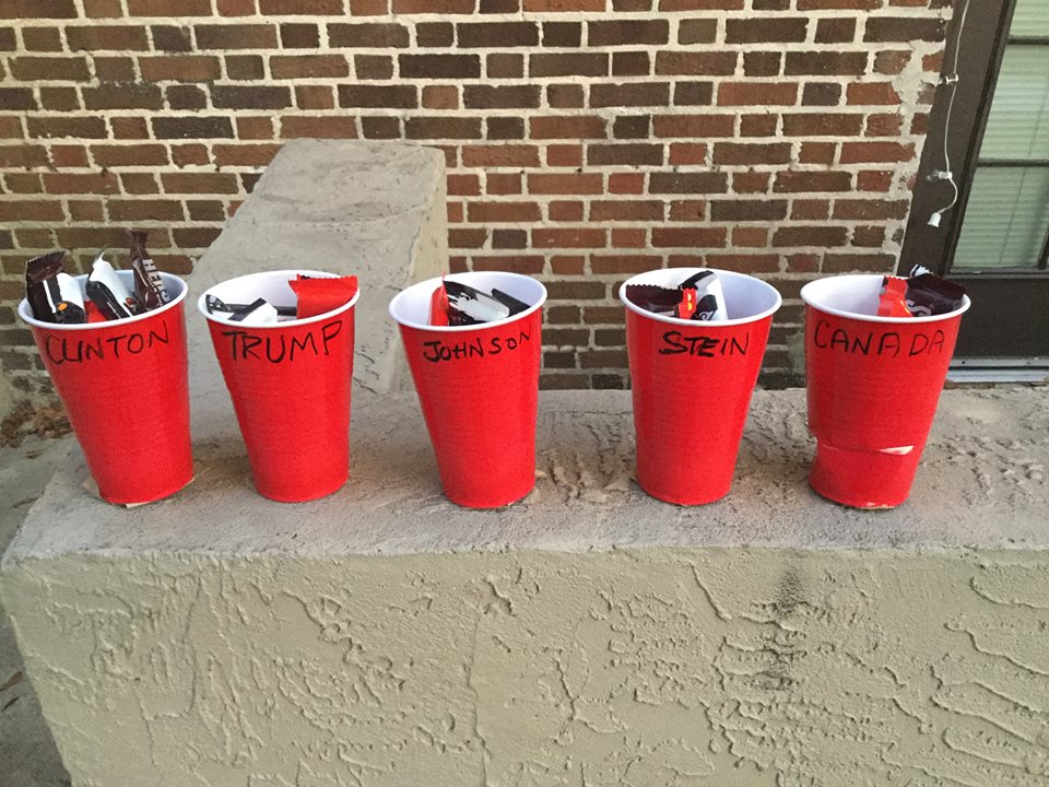 Moloknee's tweet photo. Last year's experiment. Started with 10 in each. 

Final tally:
Clinton - 2
Trump - 15
Johnson - 4
Stein - 6
Canada - 0

#pollswerewrong https://t.co/hoa2kVvJOw