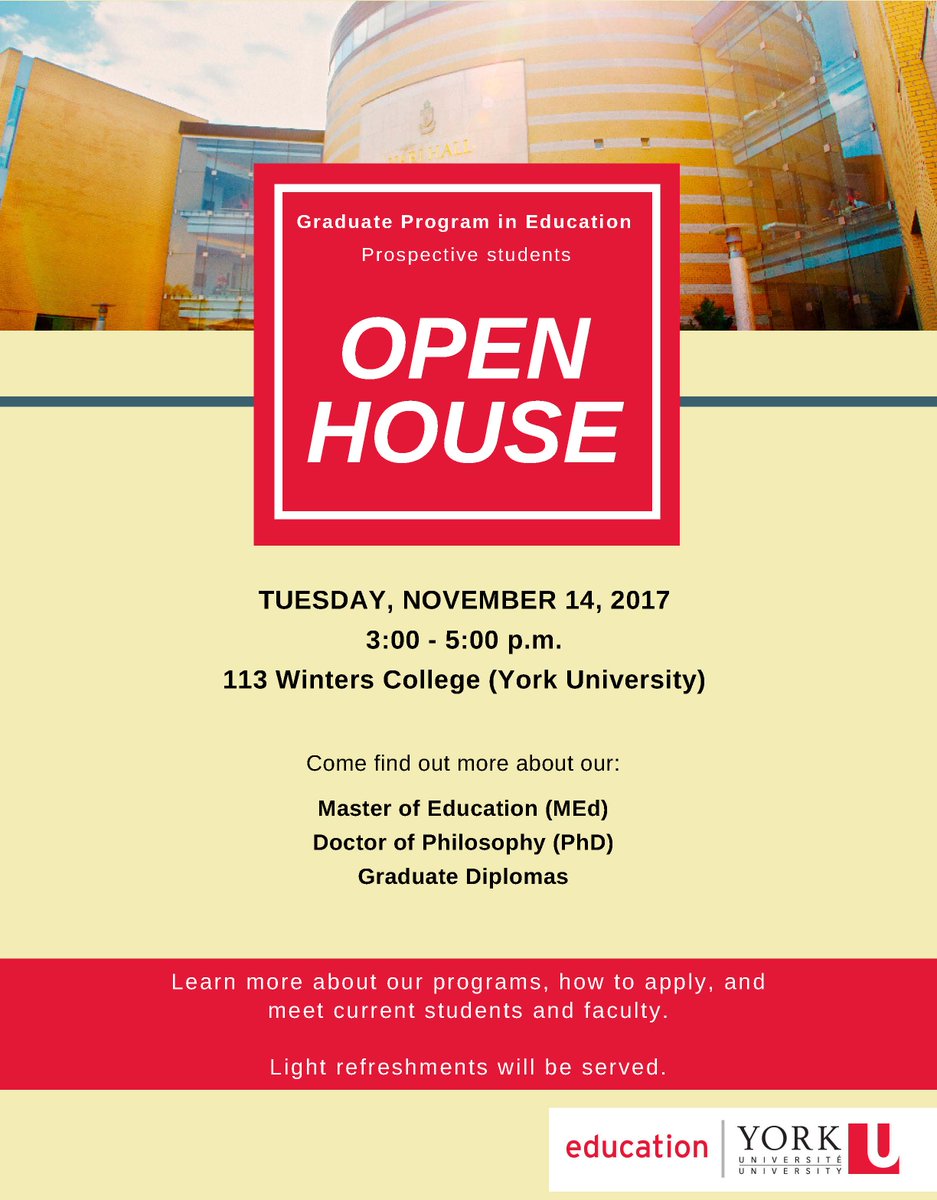 YorkUeducation's tweet photo. Graduate Program in Education OPEN HOUSE event for prospective students on Tues. Nov. 14. #GradEdYorkU #ExperienceYU #MEd #PhD #diplomas https://t.co/VtpV0hL0c5