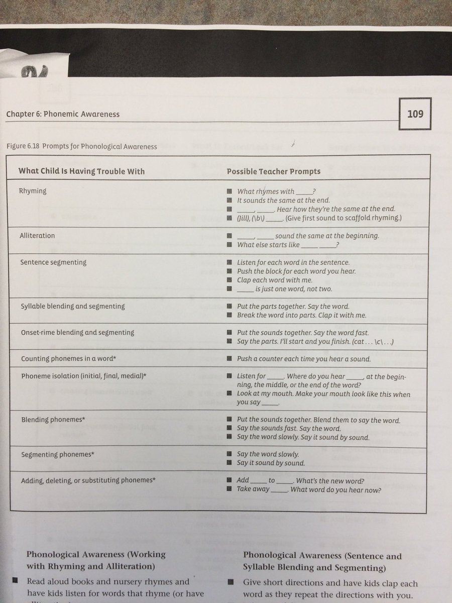 LeanneC3046's tweet photo. Possible educator prompts that can be used to support phonological awareness throughout the day #tldsblearns https://t.co/8HftV19lCa