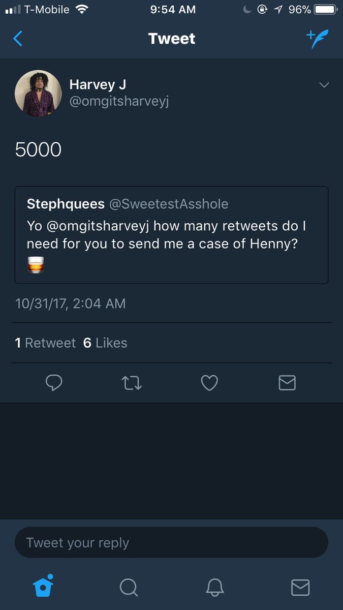 So y’all help me get 5000 rts so <a href="/omgitsharveyj/">Harvey J</a> can send me that case of Henny 🥃