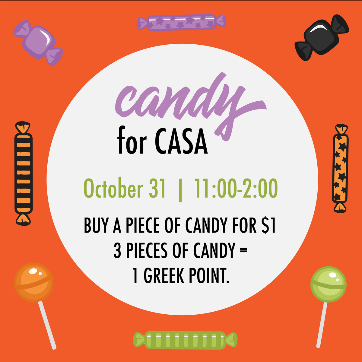 bamatheta's tweet photo. Stop by the Ferg and buy a piece of candy for $1! 3 pieces of candy = 1 Greek Point and all proceeds will benefit our philanthropy, CASA 👻🍫 https://t.co/OCRuR2OgOX