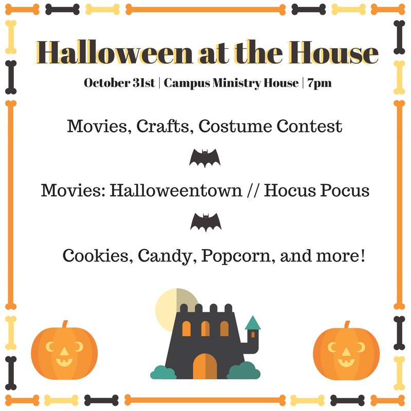CUSpiritualLife's tweet photo. Be sure to stop by the Campus Ministry House at 7pm for games, treats, and more! Best costume will win a free t-shirt! https://t.co/mgZxwamc9g