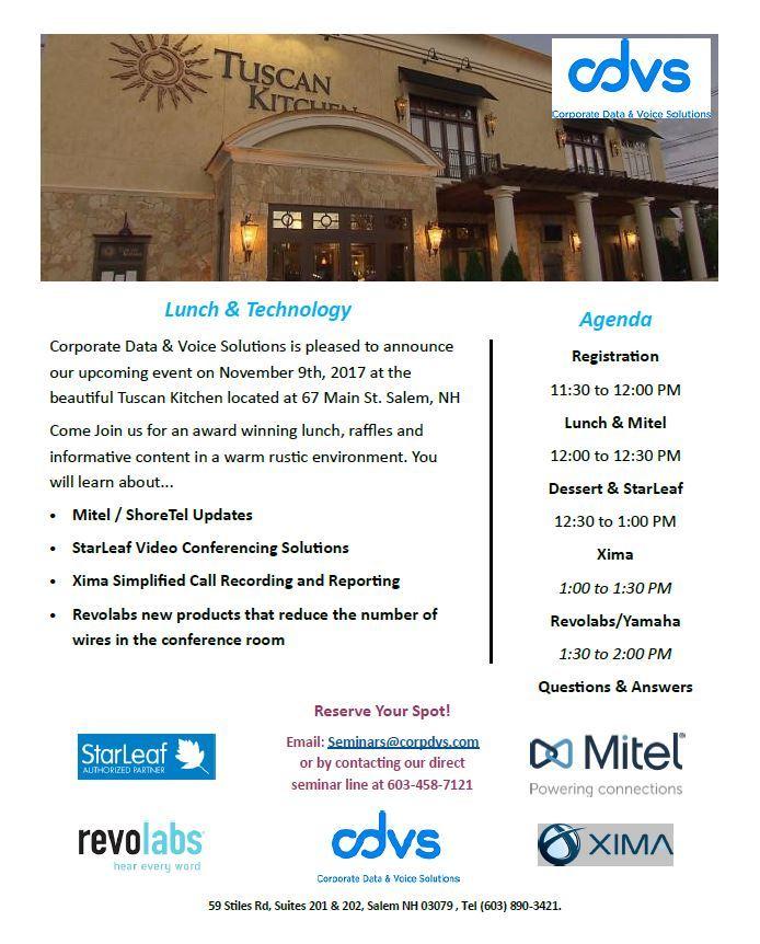 CorpDataVoice's tweet photo. Lunch and Learn on November 9.
#mitel #revolabs #starleaf #xima #cdvs https://t.co/YBfjfDBJOE