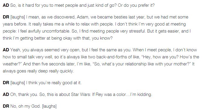 Daisy talking about becoming besties with #AdamDriver during #TheLastJedi filming! #DaisyRidley