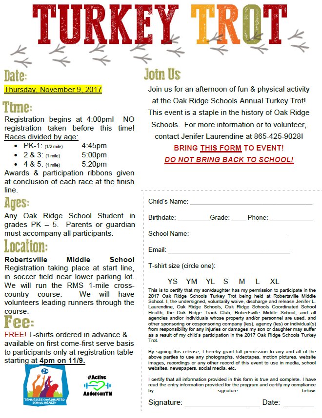 Don't miss the Turkey🦃 Trot! Thursday, Nov. 9. See attached flyer.