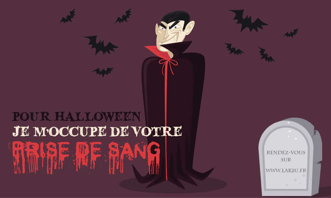 Lab_2_u's tweet image. Pour #Halloween, découvrez LAB2U : la plus « sanguine » des applications - Plus d’informations sur lab2u.fr 💉🦇 #prisedesang