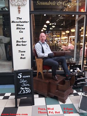 mcrshoeshine's tweet photo. Wondering about how to shine today? Pop in and see David for a shoeshine! @BarberBarberuk until 6.Why not add a haircut for #headtotoestyle https://t.co/ib6D3SY03w