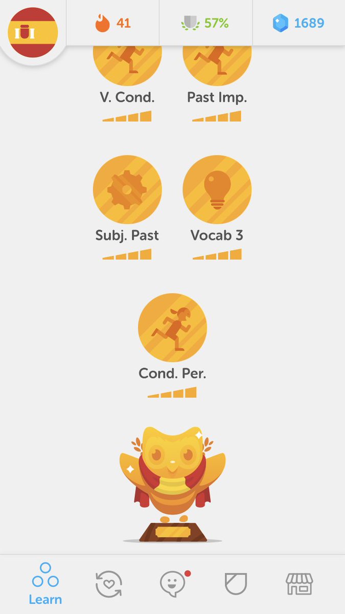jtrupiano's tweet photo. @duolingo have I completed all Spanish? Every single lesson has 4 complete bars. I thought I'd be able to click on the Owl to advance?... https://t.co/u4ADZ4r0fh