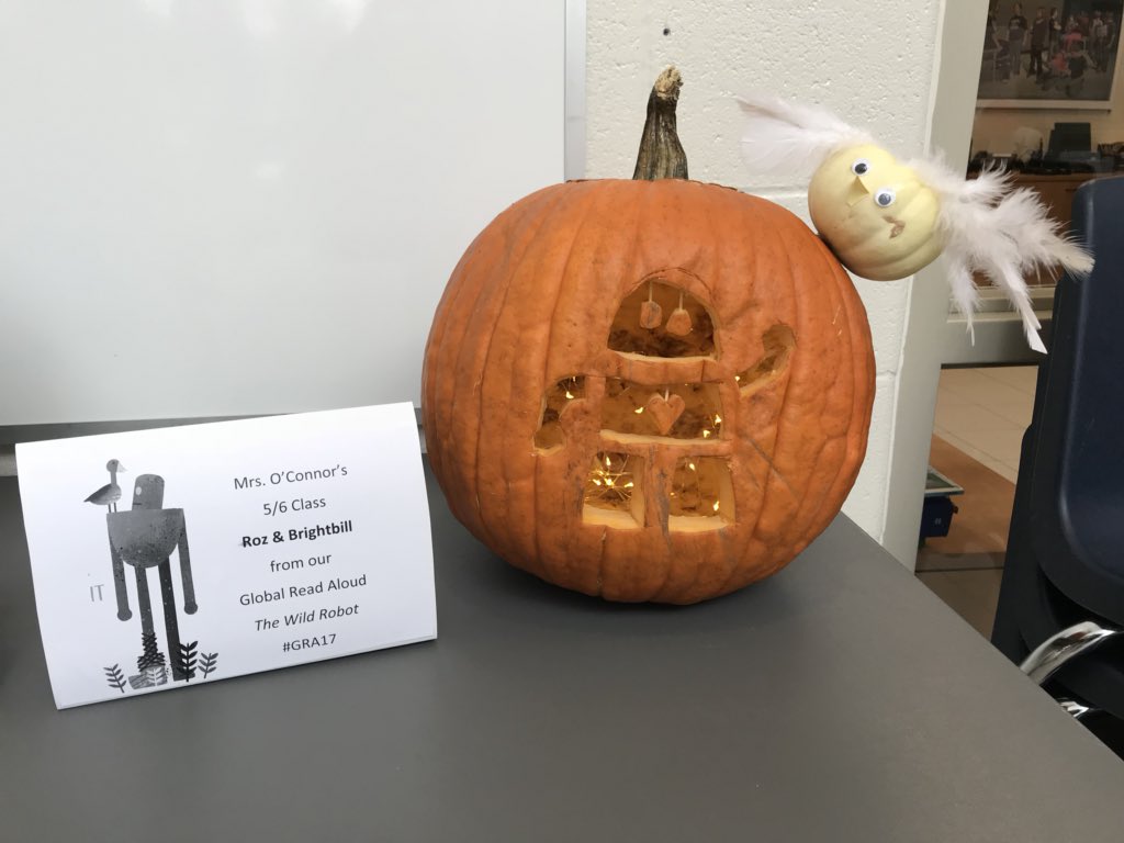 mrso_connor's tweet image. Our carved pumpkin is Roz &amp;amp; Brightbill from our Global Read Aloud! #gra17 @itspeterbrown @jrcallwood #tvdsbgra #grawild