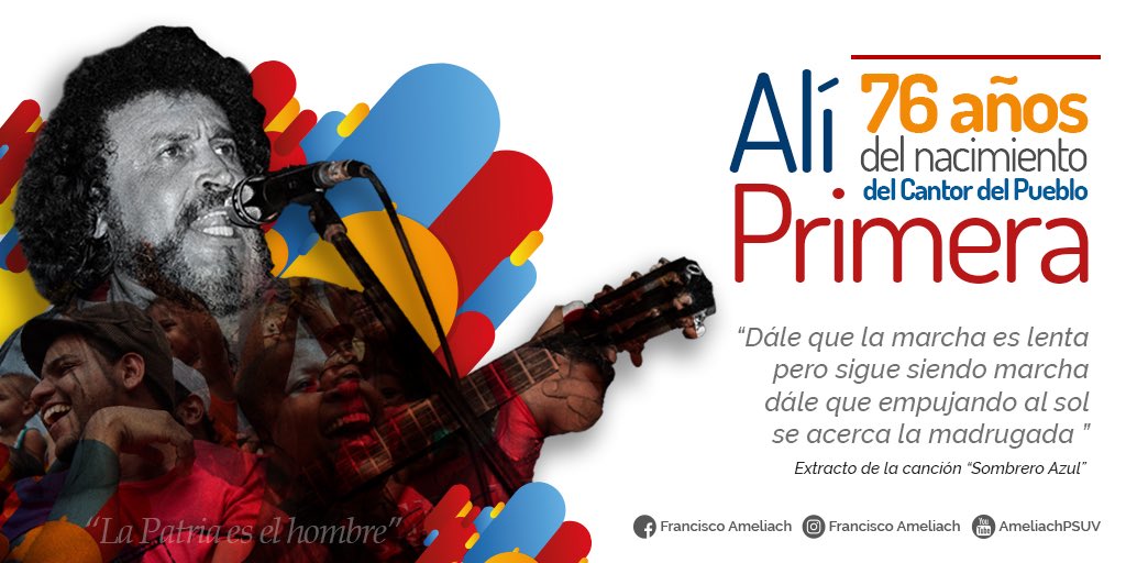 AmeliachPSUV's tweet photo. ¡La Patria es el hombre! 76 años del natalicio del cantor Alí Primera, quien dedicó su canto a la lucha de los pueblos #AliVive https://t.co/TPZjzGJlUH