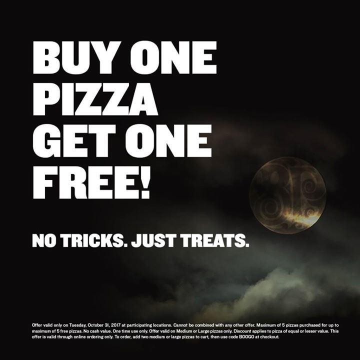 This #Halloween, buy one med or large pizza online and get a second med or large pizza FREE! Details at ow.ly/C5zC30gfCH7 #StratfordON