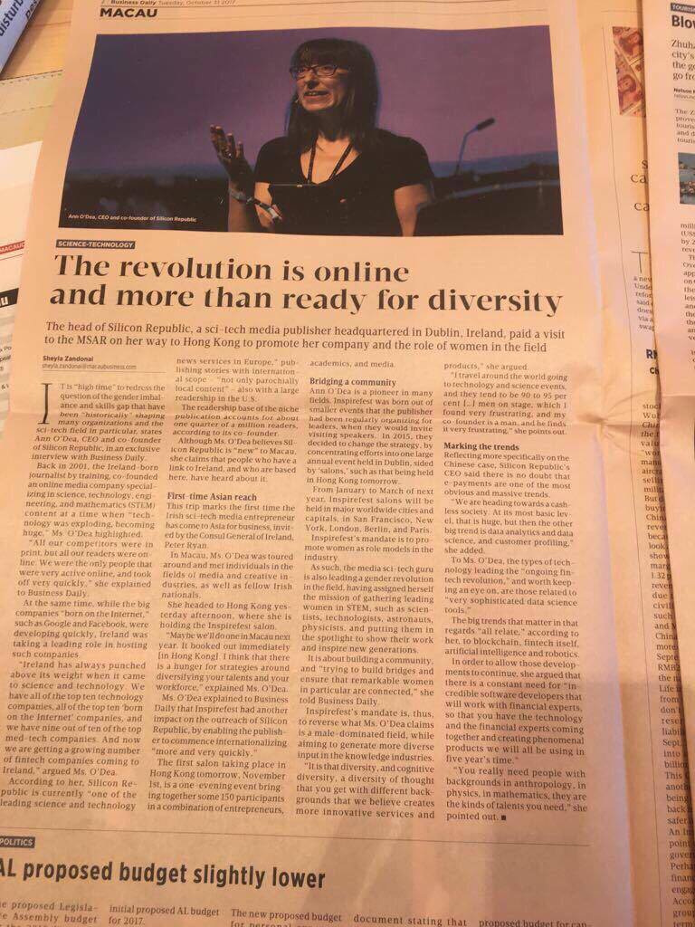 #Inspirefest founder and Silicon Republic CEO @AnnODeaSR featured today in Macau Business Daily! https://t.co/mqDcHfYTLc