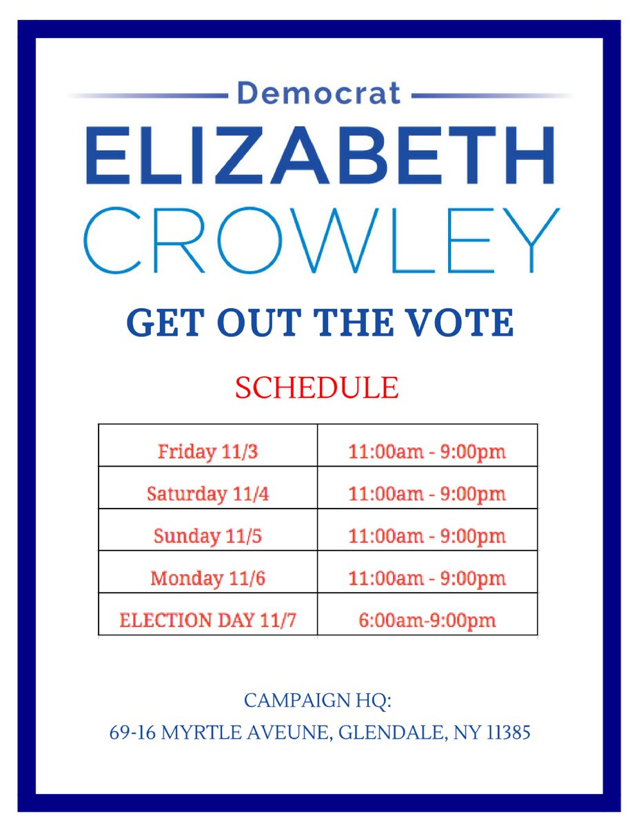 ElizCrowleyNYC's tweet photo. One week to go! Come down to my campaign office to help get out the vote! #Crowley2017

Sign up today: https://t.co/gRWILcoI7J https://t.co/qavmhCN8nG