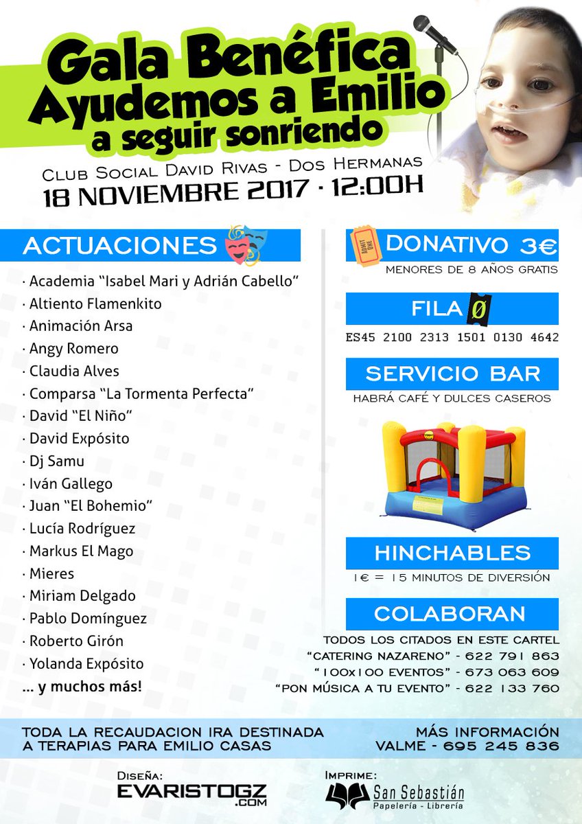 EvaristoGZ's tweet photo. El próximo 18 de noviembre, en #DosHermanas, Gala Benéfica "Ayudemos a Emilio a seguir sonriendo". 📣📆 #TDSAgenda https://t.co/Lr2jj6hDwm