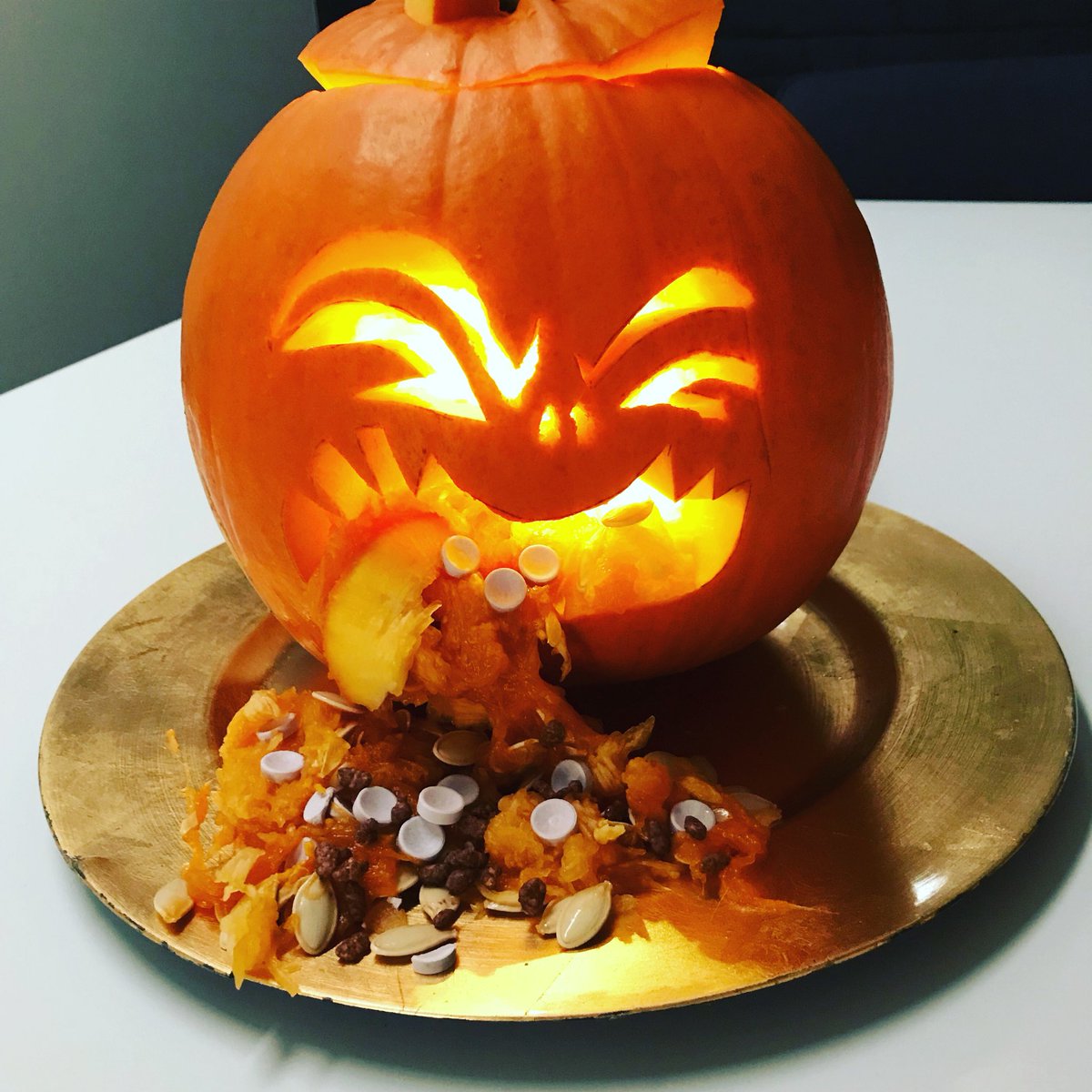 SpaceandSol's tweet photo. The winner of our pumpkin carving contest! #pumpkincarving #pumpkin🎃 #pumpkinhorror #halloweenfunny #officefuntime #workhardhavefun https://t.co/3aAMlLf8vH