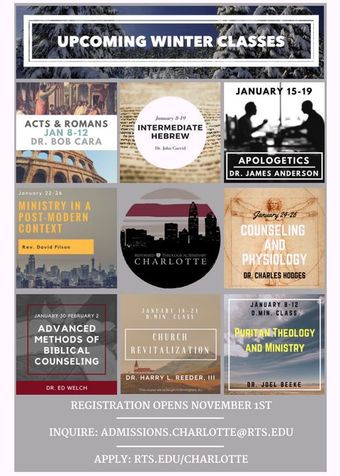 RTSCharlotte's tweet photo. Online registration for the winter 2018 term opens tomorrow. We have some great classes coming up! Join us: https://t.co/rberJGewoX #MindForTruth #HeartForGod #Reformation500 #WinterIsComing https://t.co/0edUTeOtAB