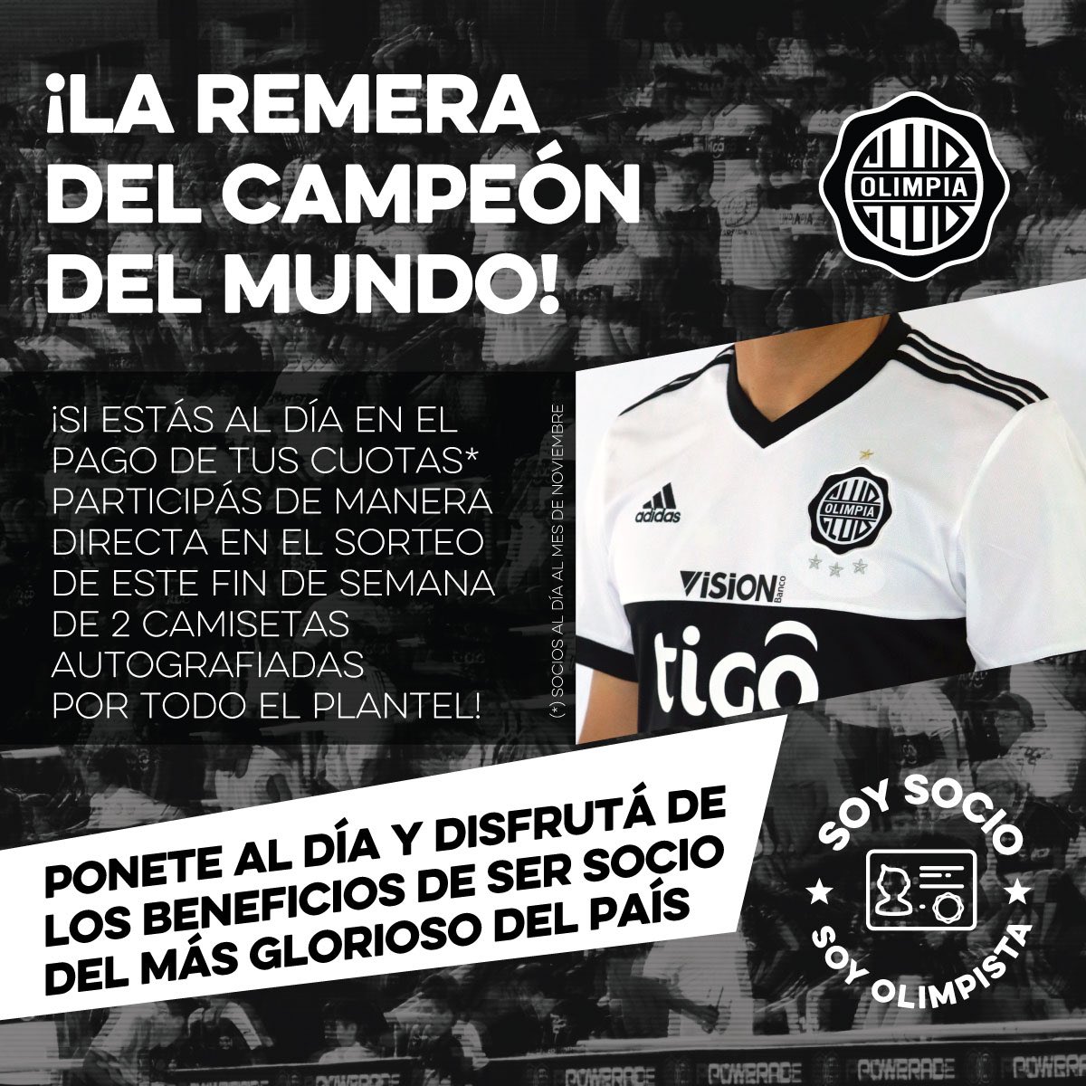 elClubOlimpia's tweet photo. #SoySocioSoyOlimpista
Si estás al día ya participás del sorteo de 2 camisetas de #Olimpia autografiadas por todo el plantel!
Sorteo: 4/11 https://t.co/NlVPjUZF3z