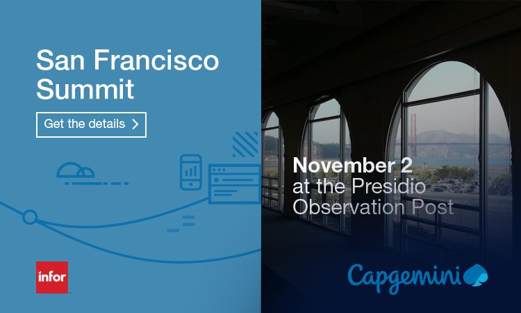 Capgemini's tweet photo. Join us on November 2 for the @Infor + #Capgemini San Francisco Summit. Register now #EAMSummit https://t.co/wNbx9ei5Pp https://t.co/4HA6lXJI9P