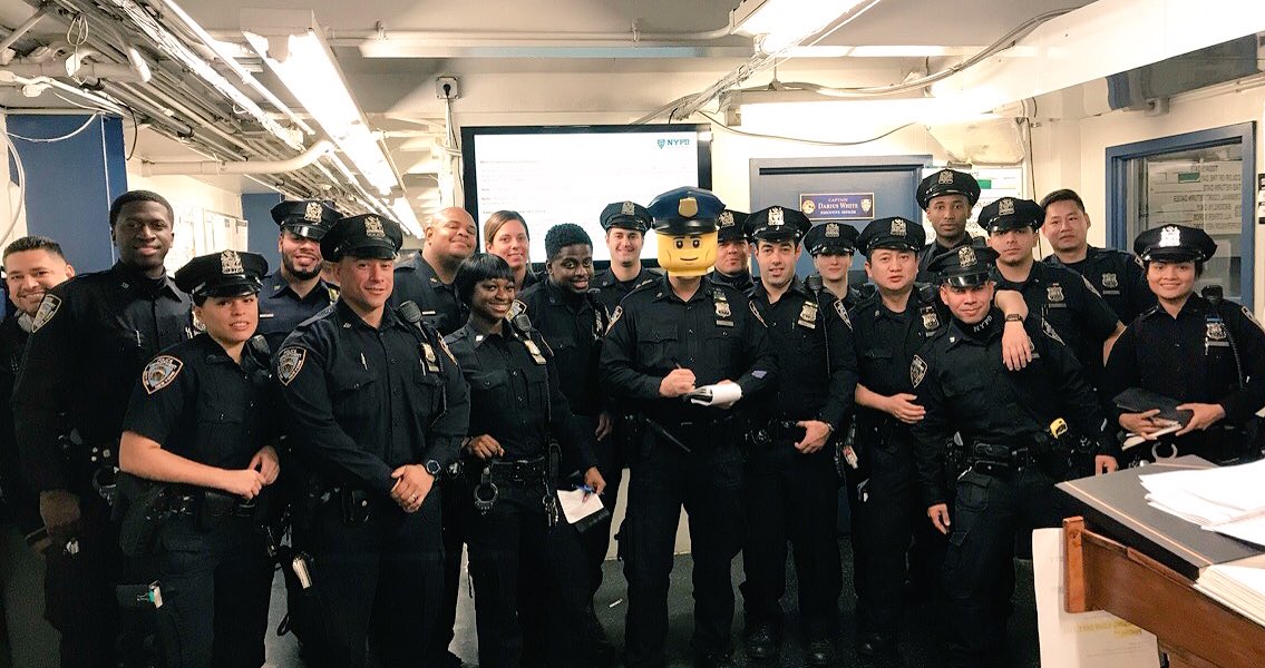 NYPDTransit's tweet photo. Lego Law standing roll call with the rest of District 4. All right team, take your posts!
#LegoLaw #CosplayCops https://t.co/wOtijEwWK1