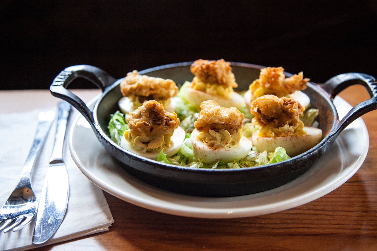 Deviled eggs w/ fried shrimp on this chilly #Halloween! Were open normal hours but no delivery tonight because of the parade #westvillage