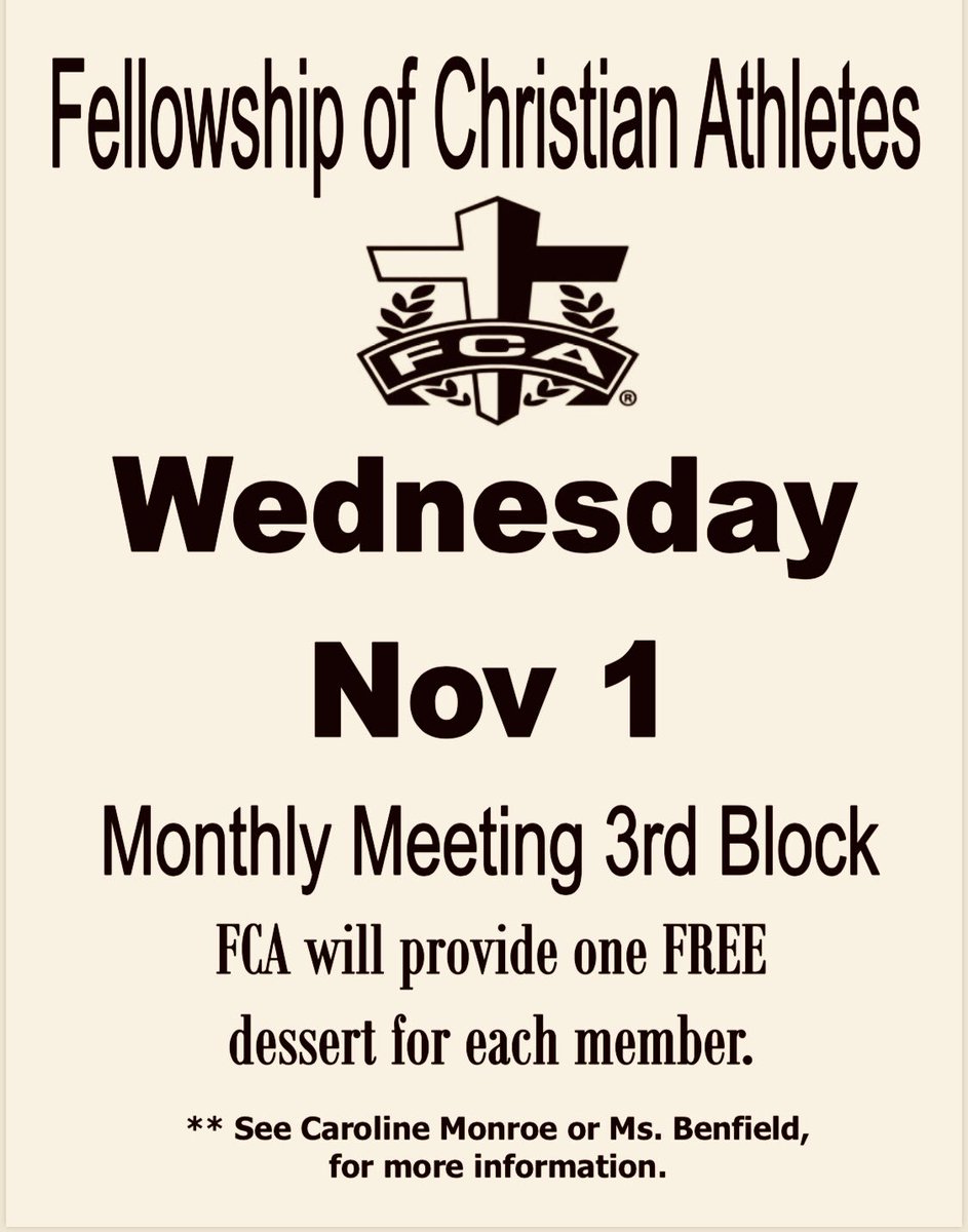 NorthRowanFCA's tweet photo. FCA meeting tomorrow during lunch! See you there!! 💚✝️💛 #FCA #One2017 #Strong2018 https://t.co/YH8SFq5QSn