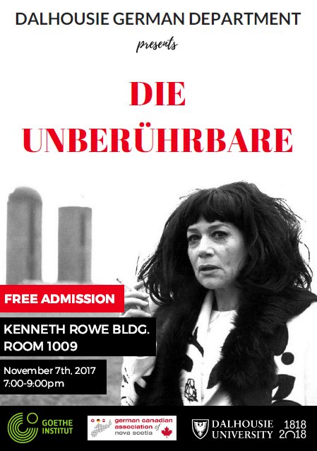 DalLanguages's tweet photo. The German Department will be hosting a film screening of Die Unberührbare on Nov 7 at 7pm in Rowe 1009! Admission is free. https://t.co/qlQH9rnbPs