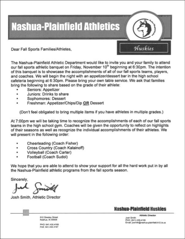 Attention 9th-12th grade fall athletes &amp; parents: Our fall sports banquet will be Friday, November 10th @ 6:30pm. Information is attached.