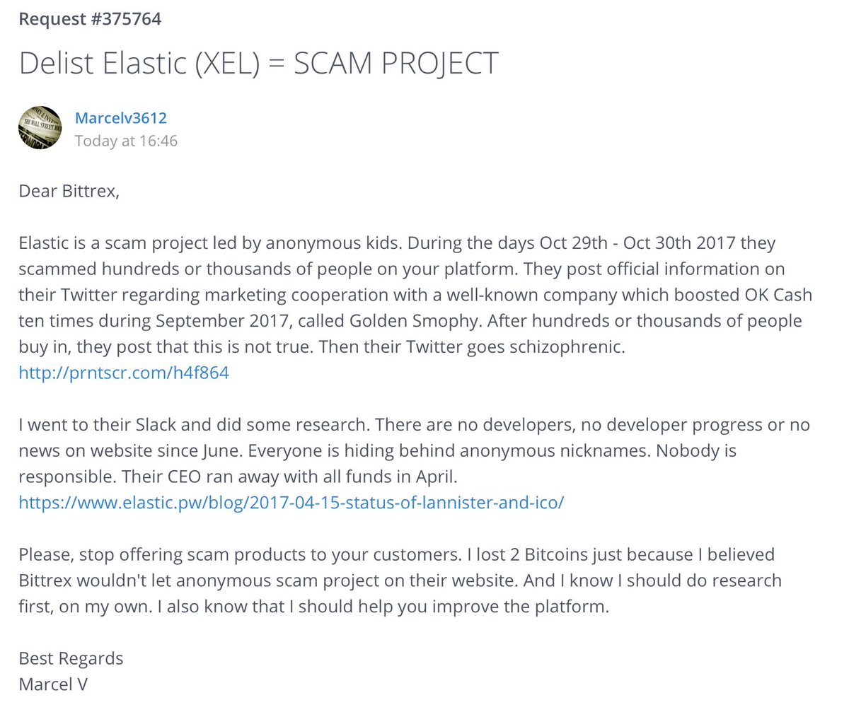 marcelv3612's tweet photo. π§π’Β SCAM project @elastic_coin is ran by anonymous thieves and steals #bitcoin officially via @BittrexExchange , DELIST!π€’
$CRYPTO #SOS $XEL https://t.co/uHc2FTKU95