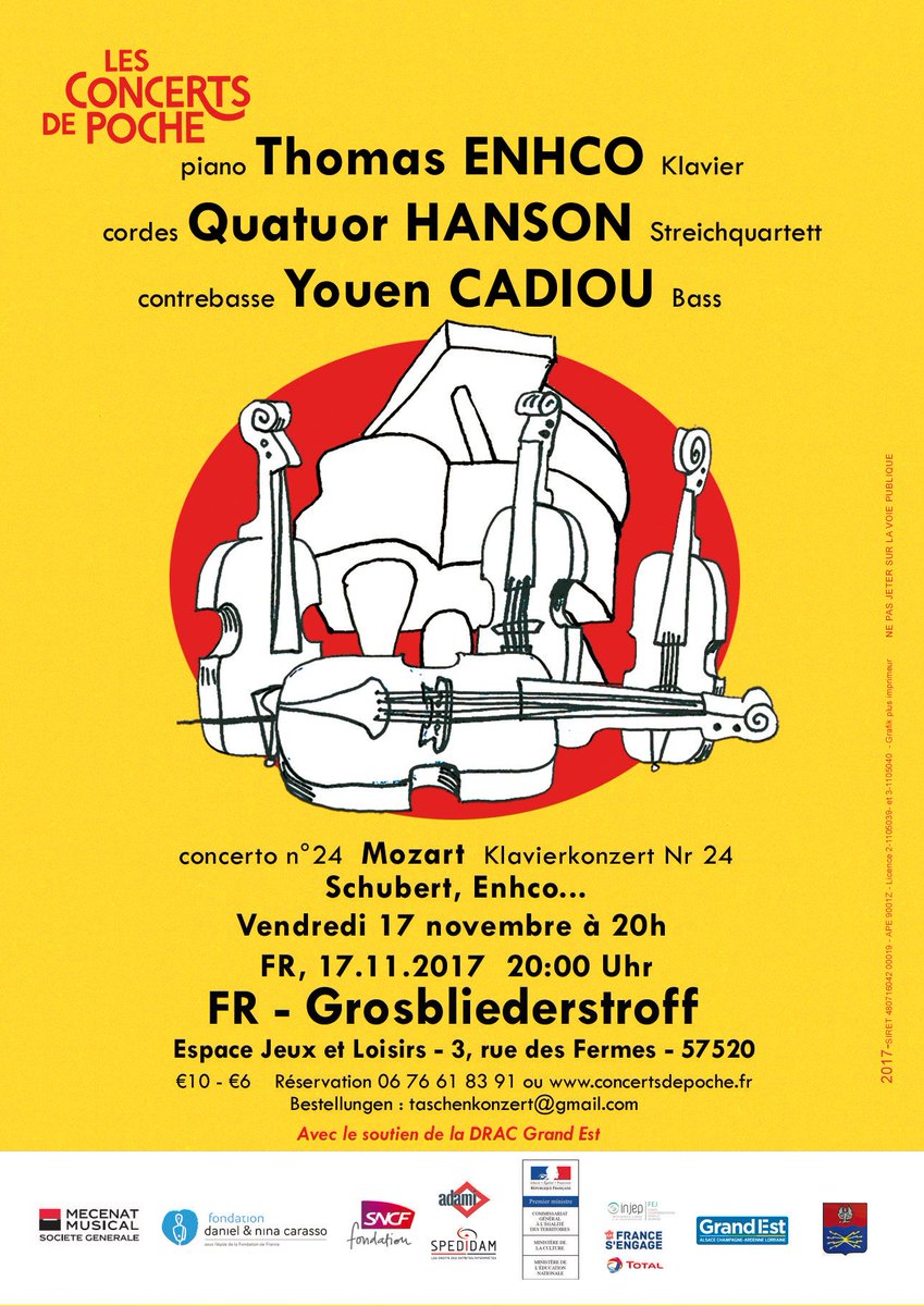 ConcertsdePoche's tweet photo. À #Grosbliederstroff (57) le 17/11, @ThomasEnhco 🎹, le #QuatuorHanson 🎻 et Youen CADIOU #Mozart, #Schubert, #Enhco : https://t.co/pffYCcOshI https://t.co/6Xx6auoLiw
