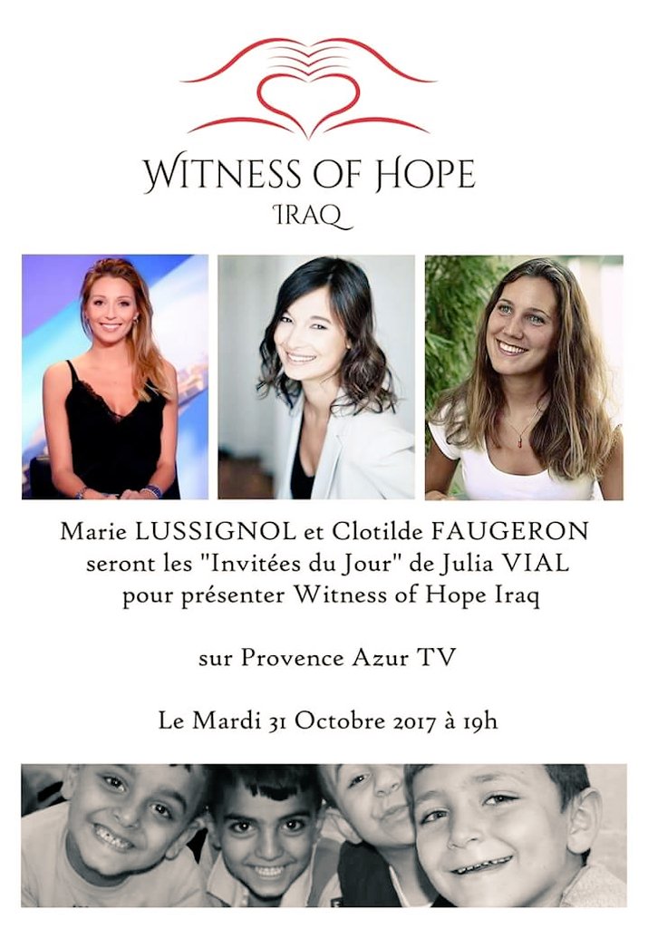 Witnessofhope's tweet photo. Enregistrement " check" diffusion 19h: Provence Azur TV
Marie Lussignol & Clotilde Muvrella & Julia Vial #WitnessofHope Iraq https://t.co/vqJpfvCNkw