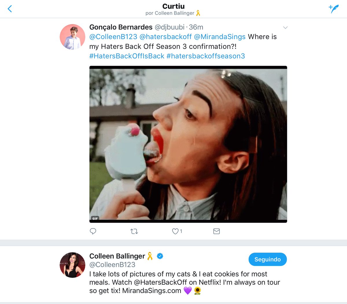 gongasbernardes's tweet photo. OMG @ColleenB123 LIKED MY TWEET!!!you just made my day!!!#loveyougirl #hatersbackoff #hatersbackoffseason3 https://t.co/26tILMuMcy
