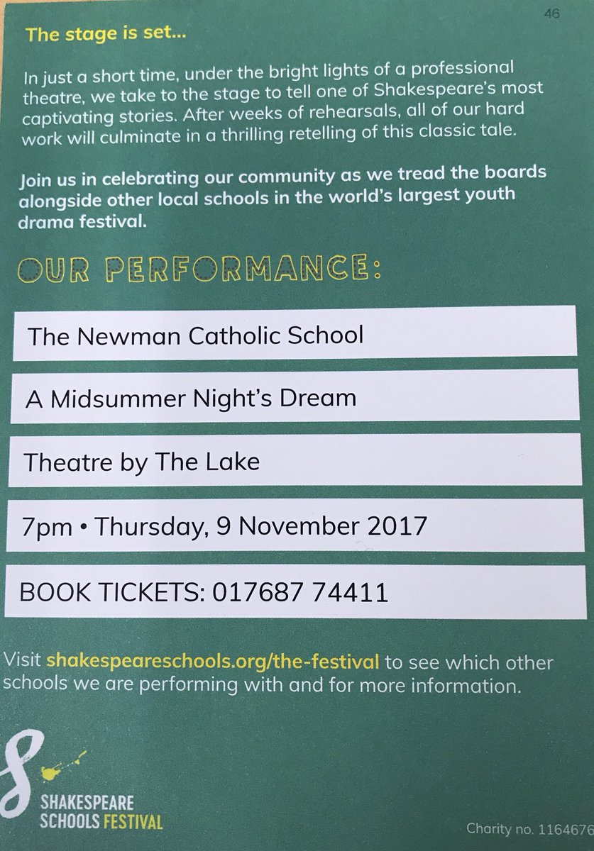 Join us on Thursday 9 November 2017 @ 7pm as our students perform A Midsummer Night’s Dream #theatrebythelake #shakespeareschools
