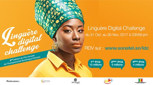GroupeSonatel's tweet photo. 3eme édition du Linguère Digital Challenge 2017 : Inscriptions ouvertes  ==>  https://t.co/pcYVyT3txx
#Kebetu #Senegal #LDC #woman #Digital https://t.co/uIwoQdx07P