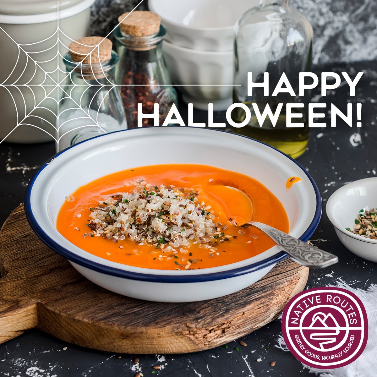 nativeroutes's tweet photo. Happy Halloween! 🎃🍁✨🍂
Don't overdo sweets. Instead enjoy wholesome autumn flavors!
#NativeRoutes #boliviansoil #organic #raw #Halloween https://t.co/wWOQ4LznAM