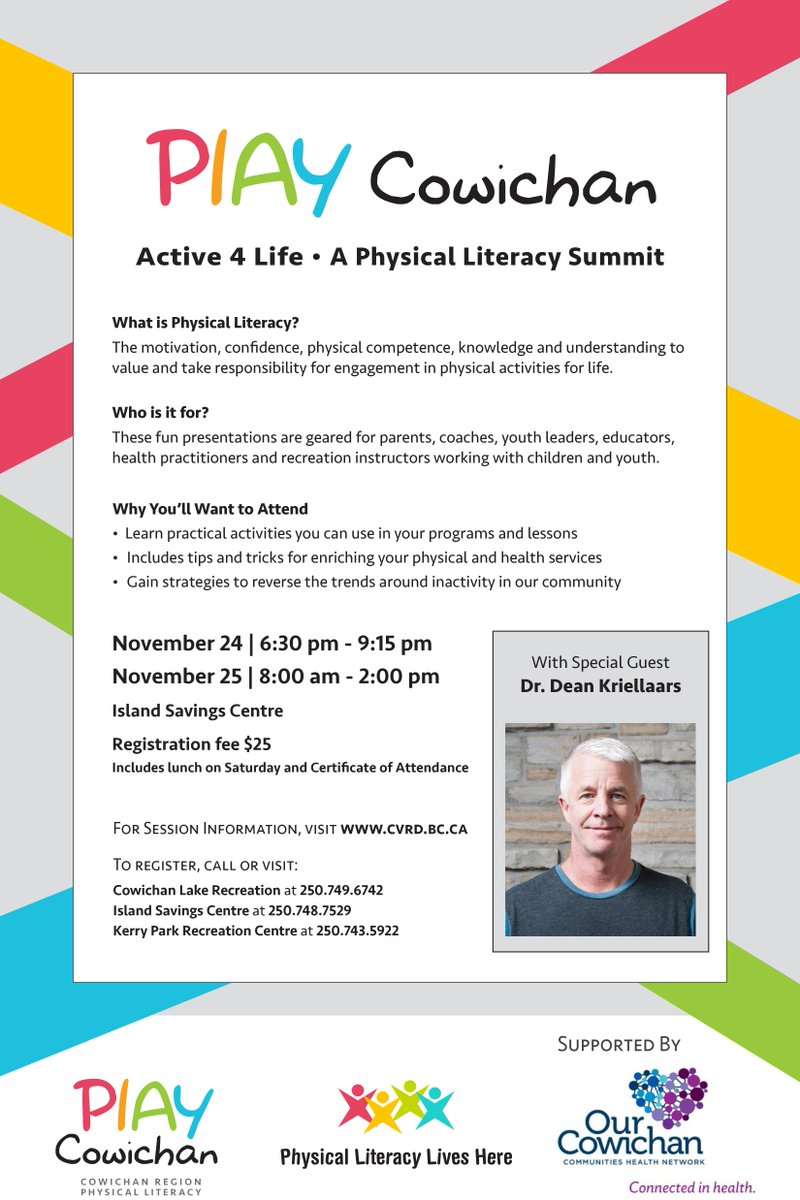 The PLAY Cowichan Active 4 Life #Physicalliteracy Summit takes place Nov 24-25. ow.ly/KqmP30geHT4 <a href="/OurCowichan/">Our Cowichan </a> <a href="/ElisaMOTUS/">Elisa Maruzzo</a> <a href="/PhysLitGuy/">Drew Mitchell (He/Him)</a>