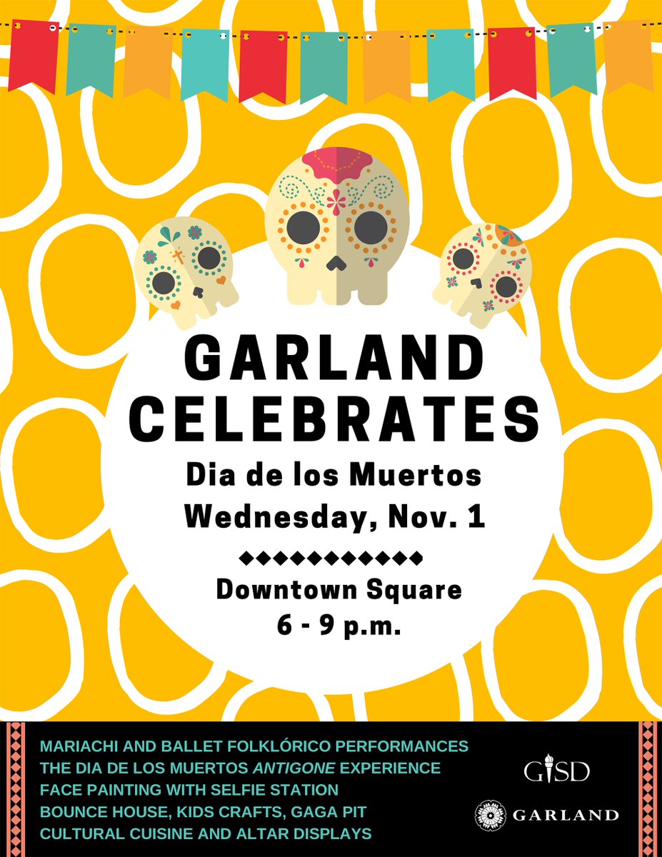 garlandtxgov's tweet photo. Join us as we celebrate Dia de los Muertos TOMORROW, Nov. 1, in Downtown #GarlandTX! More info: https://t.co/AP4I7wWrd6 https://t.co/Kr0gduQvFJ