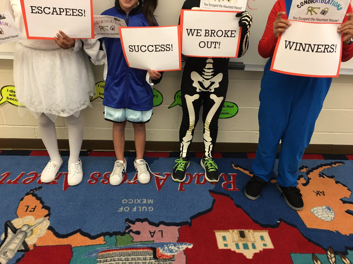 MrsFrancis1024's tweet photo. By using our problem solving skills and a lot of collaboration we escaped the classroom!! Happy Halloween! #4thgrade #rm64 #EMK https://t.co/cEKT7PmCRX