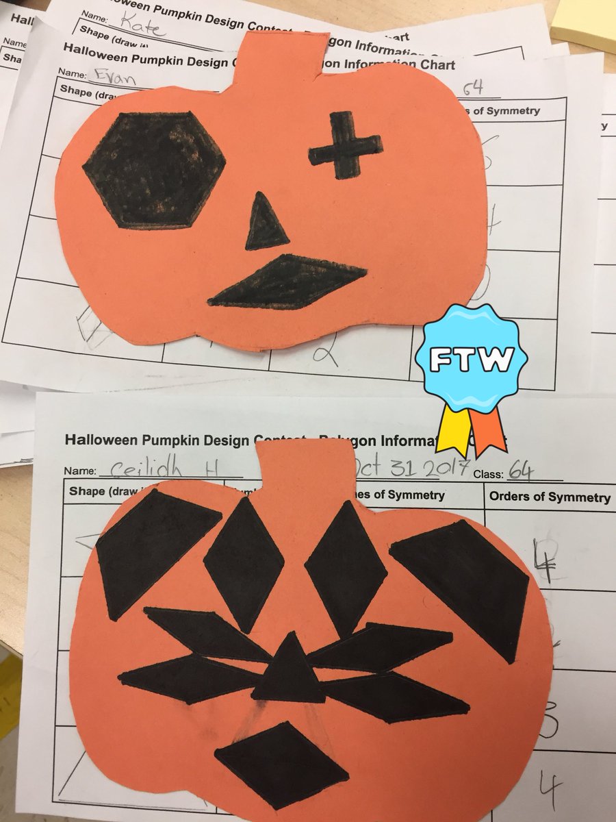 ajmorristeacher's tweet photo. Rotational Symmetry Pumpkin Contest - design a pumpkin using polygons and describe their lines and orders of rotational symmetry. #opentask https://t.co/ZcBWm8Dqws
