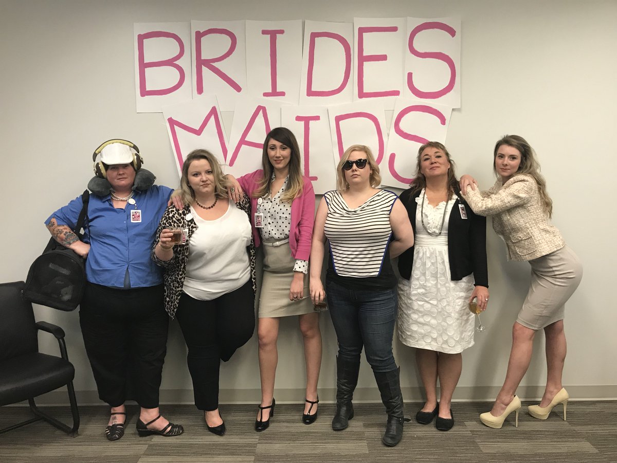 hac7's tweet photo. Work costume contest. #bridesmaids @melissamccarthy @MayaRudolph @wendimclendonco #kristenwiig #rosebyrne #elliekemper https://t.co/HrfhbNDLiq