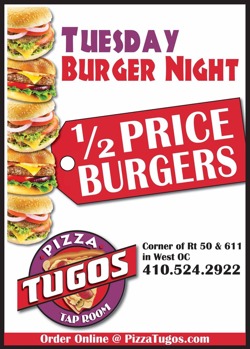 PizzaTugos's tweet photo. Tuesday = HALF PRICE BURGER Day! Bring Your Own Vinyl Night today too! ~@ our West O location~ #OCMD #burgers #craftbeer https://t.co/Xq5dQeMAdn