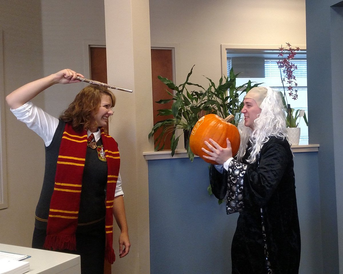 CompassCom's tweet photo. Happy Halloween! Here's two of our team members who got creative for the holiday. #Hermione #RealEstateWizard #CarvingforKids #MountainStar https://t.co/tU42jylIFi