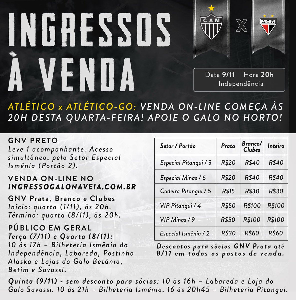 Atletico's tweet photo. Atlético x Atlético-GO: venda on-line para sócios começa nesta quarta-feira! Vá ao Horto torcer pelo #Galo: https://t.co/kcP766ru9H https://t.co/yb1Mudvl77