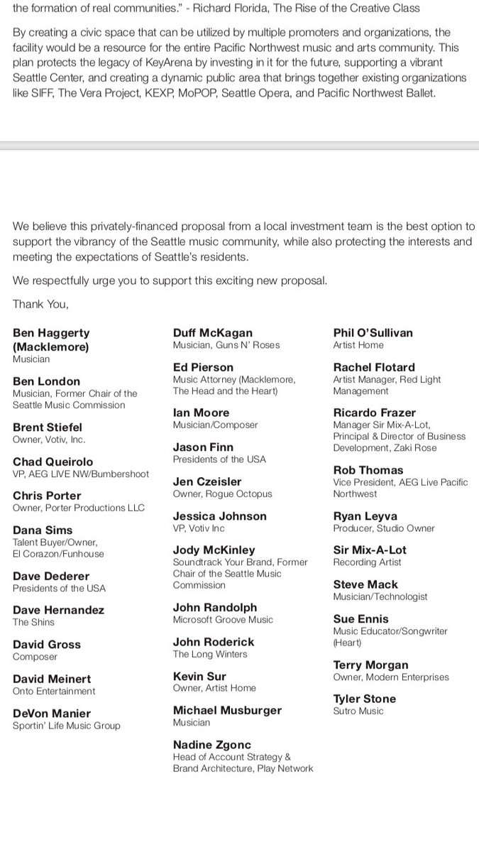 AaronLevine_'s tweet photo. BREAKING: SEA music community, inc @macklemore, @DuffMcKagan &amp; @therealmix sign letter to city in support of #SODOArena &amp; Key alternative https://t.co/QbAOT9diyX