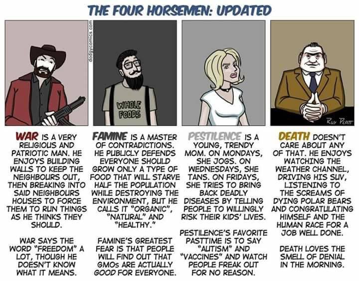 center4inquiry's tweet photo. The apocalypse will be due, in large part, to science denial.

#ClimageChangeIsReal
#GMOsAreSafe
#VaccinesSaveLives https://t.co/Pjw5mY7Vc9