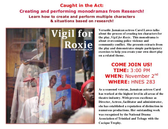 YorkuCrossroads's tweet photo. Come check out "Vigil for Roxie" this Thursday and enhance your performance skills with Jamaican actress Carol Lawes! https://t.co/u8tfhdhKJR